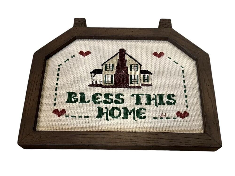 Vintage Bless This Home Cross Stitch In Home Frame Hanging